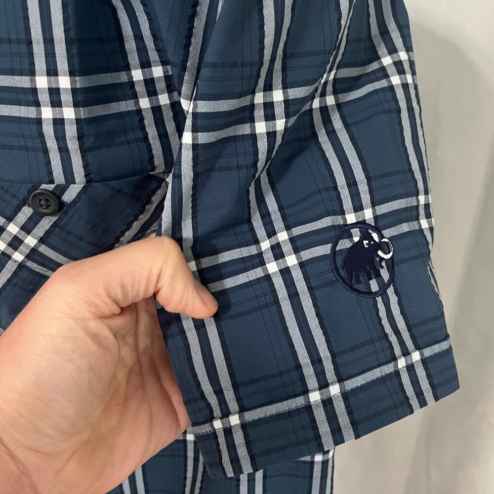 👔 Mammut Men’s Short Sleeve Shirt L Blue White Windowpane Check Outdoor EUC 🌄